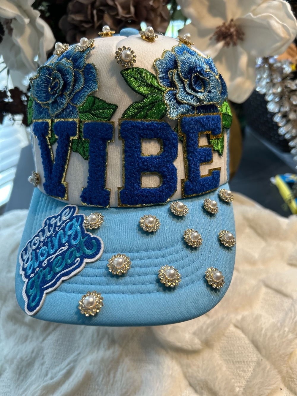 Blue Floral "VIBE" Embroidered Pearl Cap